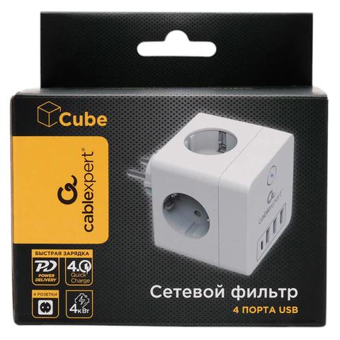 Фильтр сетевой CABLEXPERT CUBE-4-СU3-W Cube, 4 розетки, 16 А, 1 x Type-C PD, 3 х USB, белый С514302