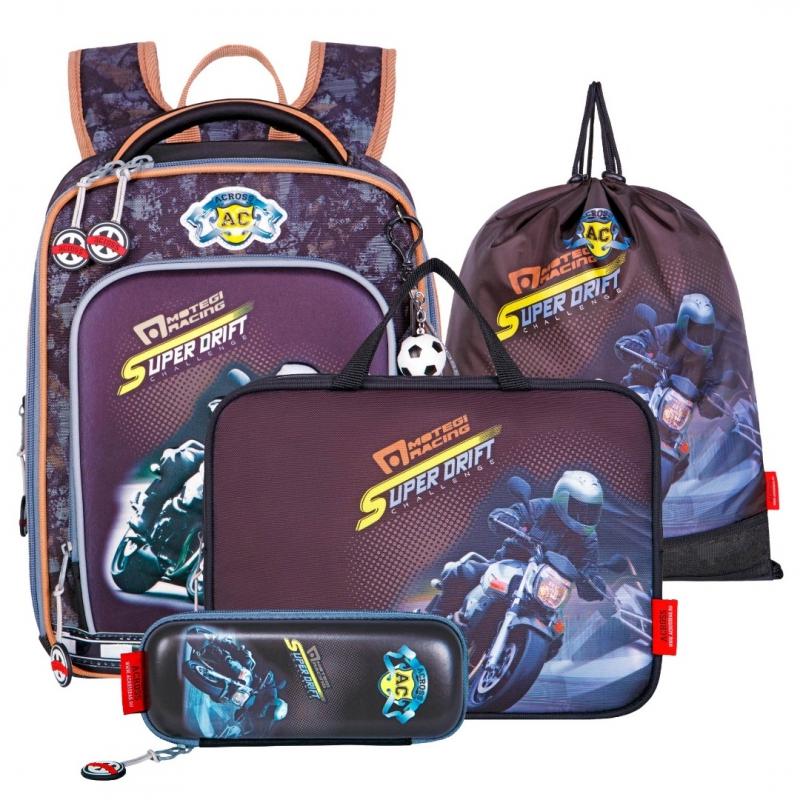 Рюкзаки, сумки : Ранец Across HK22-4 с наполнением: мешок д/обуви+пенал+сумка на молнии 35x26x14см