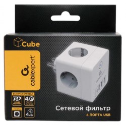 Фильтр сетевой CABLEXPERT CUBE-4-СU3-W Cube, 4 розетки, 16 А, 1 x Type-C PD, 3 х USB, белый С514302