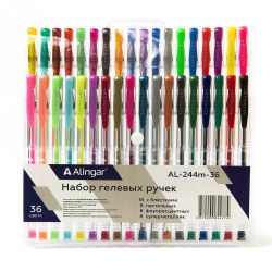 Ручки гелевые 36цв. Alingar AL244M-36 1,0мм 18- блестки, 6- пастель, 6- метал, 6- флюор