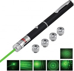 Указка лазерная Зеленый луч, радиус 1000м, 5насадок, черн корп, клип GP-02  236942