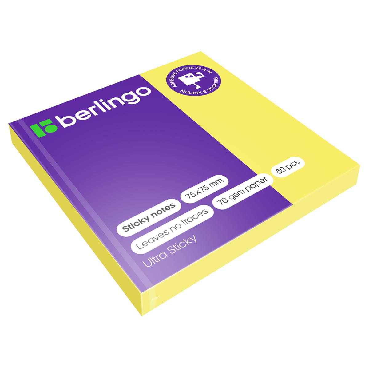 Блок липкий 75*75мм Berlingo LSn_39200/39201/39204 "Ultra Sticky" неон, ассорти, 80л. 