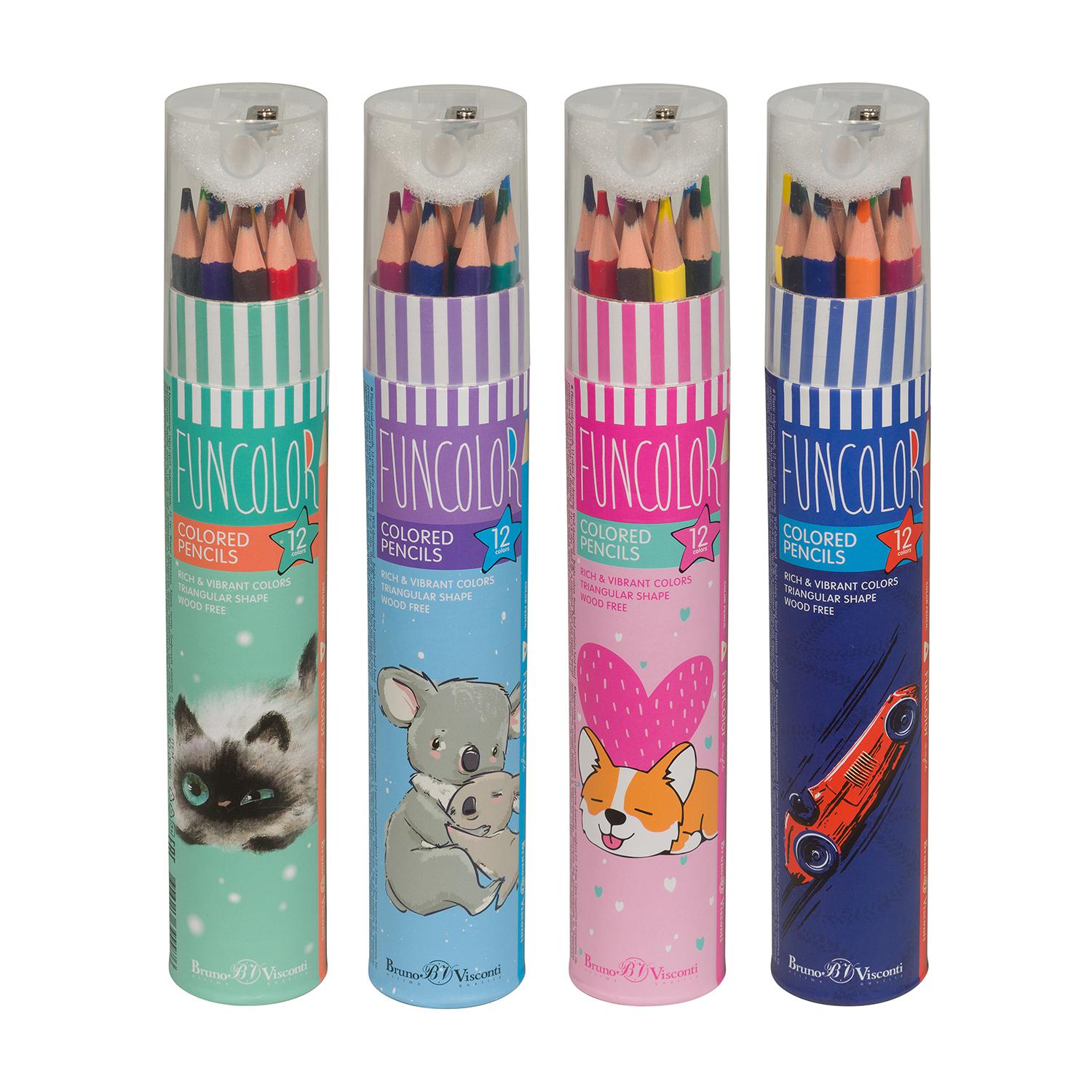 Карандаши 12цв. Bruno Visconti 30-0085 "Funcolor" пластиковые, в тубе, точилка, 4 вида