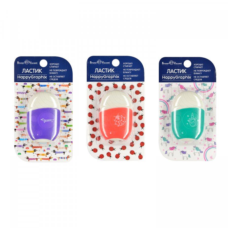 Ластик Bruno Visconti  42-0013 "HeppyGraphix" с пласт держателем в блист ассорти