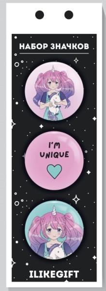 Набор металлических значков Алеф 16423 "I'm unique unicorn girl" /3шт/