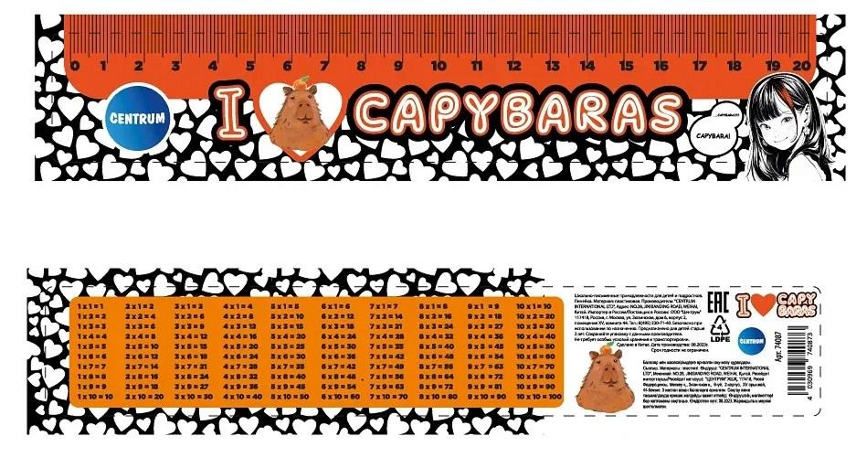 Линейка 20см Centrum 74087 "I love capybaras" с таблицей умножения