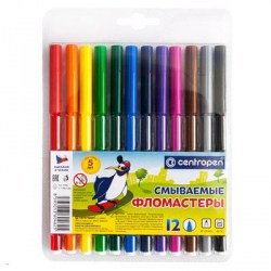 Фломастеры 12цв. Centropen 7790 "Washable" смываемые блистер Р004999/Ф013664