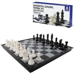 Игра настольная Золотая сказка 665763 "Шашки,шахматы, нарды магнитные" 3в1, доска 25*25см