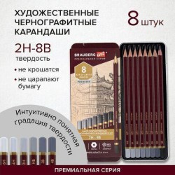 Карандаши ч/г  8шт Brauberg 181894 "Premiere" 2H,H,HB,B,2B,4B,6B,8B художественные в пенале