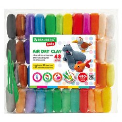 Пластилин 48цв. Brauberg 106310 Kids супер легкий, воздушный, застывающий, 480г. 3 стека, (36цв+12 б