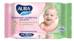 Салфетки влажные AURA Ultra comfort 100шт детск.универс.крышка Алоэ/Витамин Е 76863/09752/6486/24926