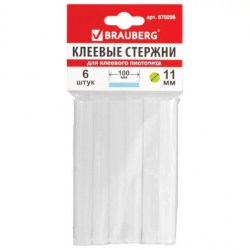 Стержни клеевые Brauberg 670298 d-11мм, длина 100мм, набор 6шт, белые