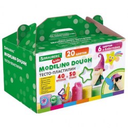 Тесто для лепки 40цв. Brauberg Kids 106724 крышки-штампики, 2000г, 2 стека, 12 формочек, 1 скалка